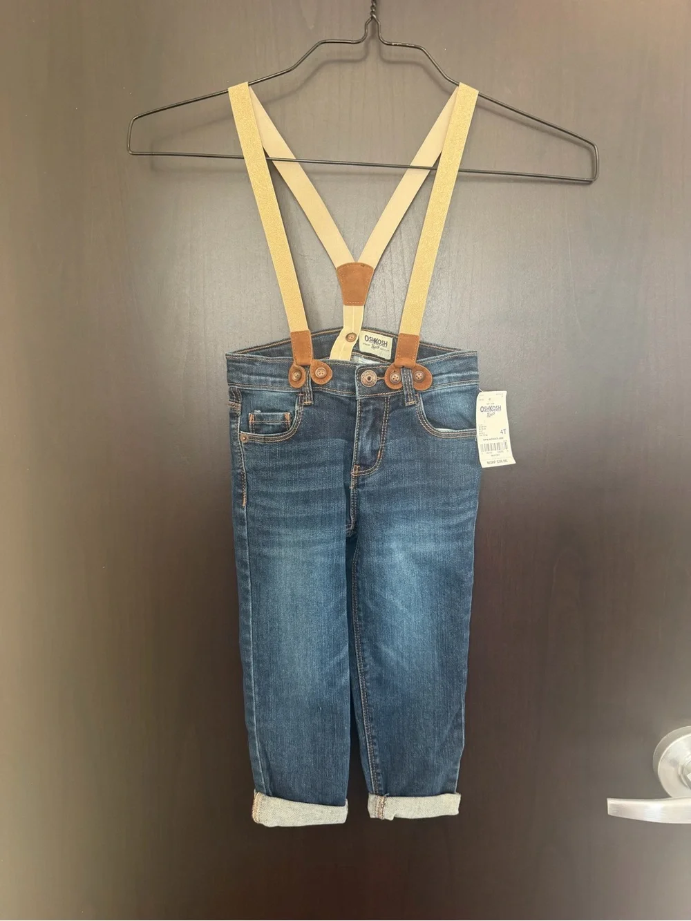 OshKosh B'gosh Dark Blue Denim Jeans Tan Gold Sparkle Suspenders 4T NWT Unisex